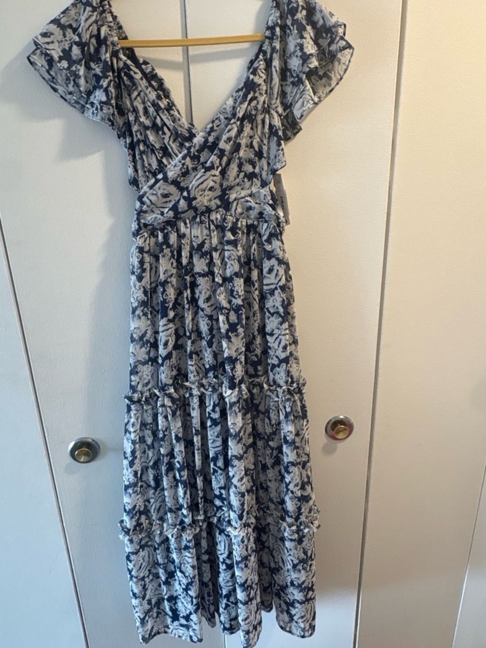Aqua Blue Floral V-Neck Tiered Maxi Dress